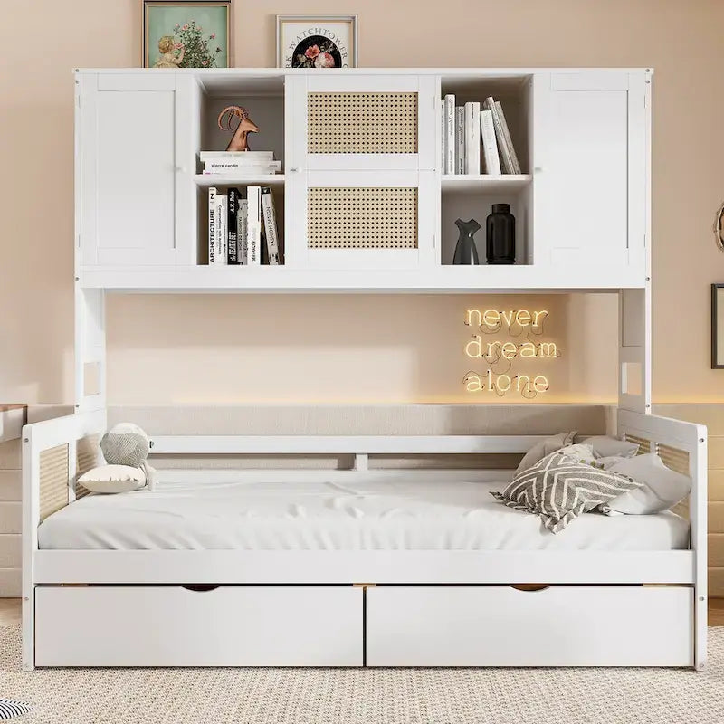 LOVEfabHOME - Twin Daybed with Storage Drawers, Cabinet, and Shelf, Sturdy Wood Construction