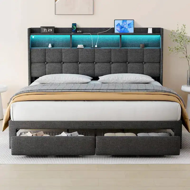 LOVEfabHOME - King Platform Bed with Charging Headboard, RGB Lights & 20W USB Ports