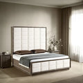 LOVEfabHOME - King Size Bed, Grid Tufted Headboard, Ivory Upholstery, Oak Brown