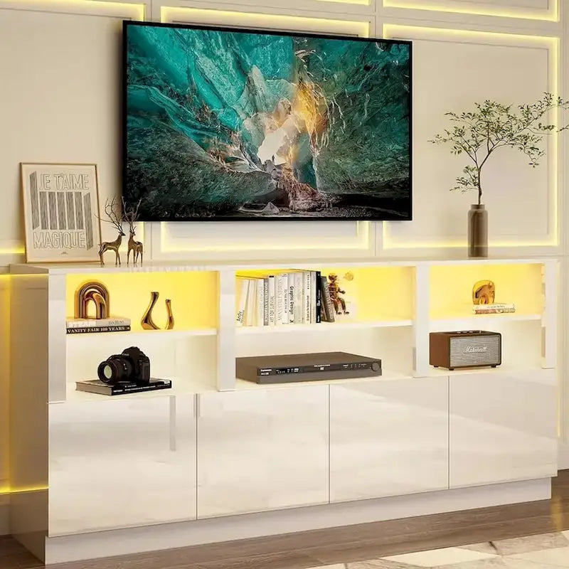 70 Inch High Gloss LED TV Stand with Storage Cabinets, Fits up to 85"