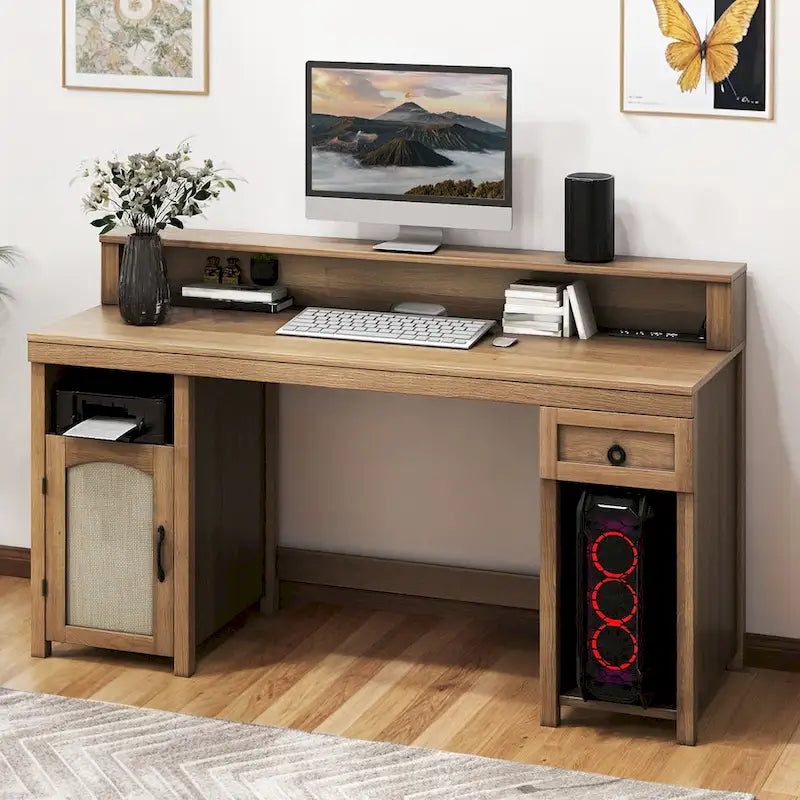 LOVEfabHOME - Farmhouse Wood Office Desk with Drawer and LED Strip & Power Outlets