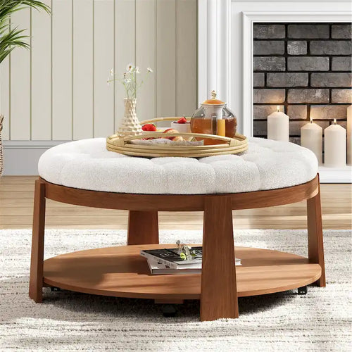 LOVEfabHOME - 36 Round Button Tufted Upholstered Coffee Table with Wood Shelf and Wheel