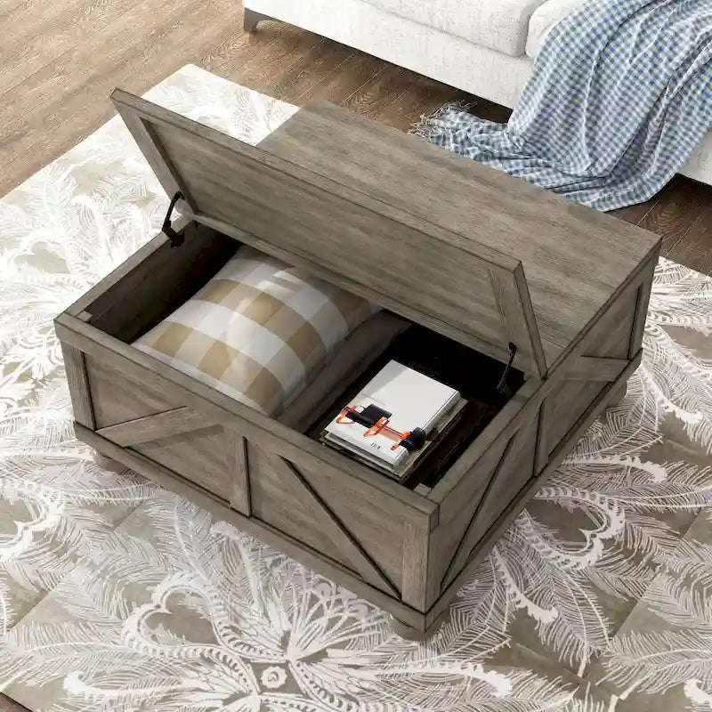 Farmhouse Lift-Top Storage Coffee Table, 36-Inch Acacia & Pine Wood, Antique Finish