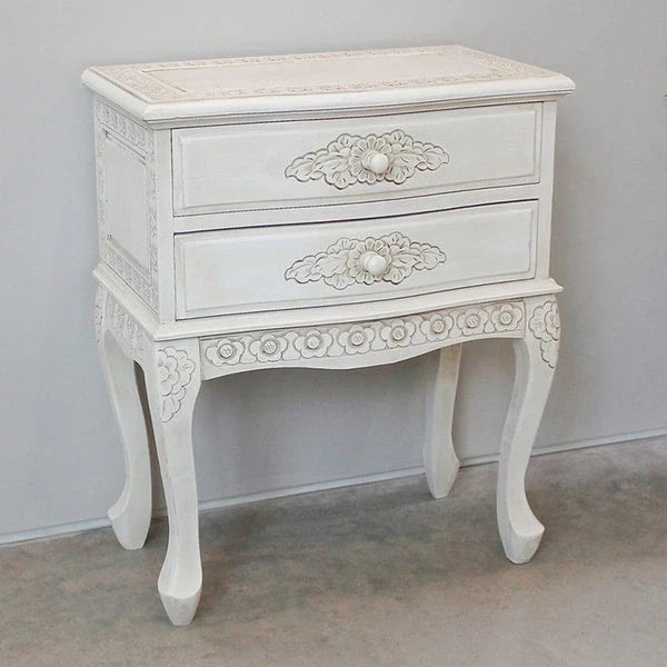 2-Drawer Carved Hardwood End Table with Antique White Finish