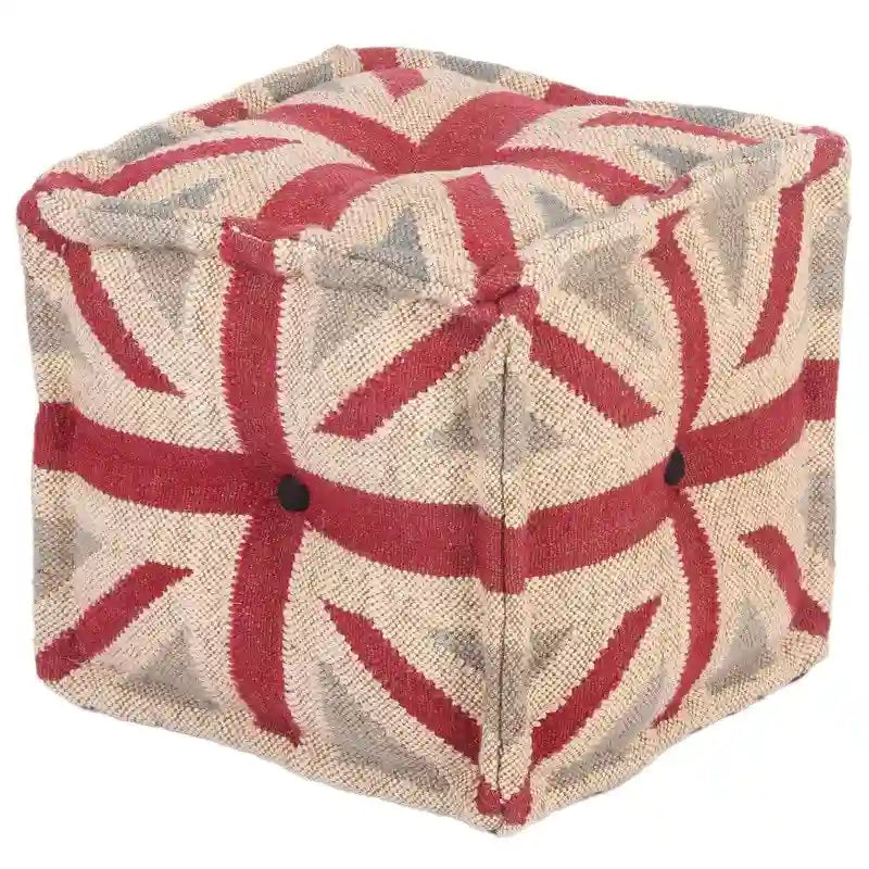 Handmade Upholstered Pouf Ottoman - 16x16x16 in, Beige/Grey/Red