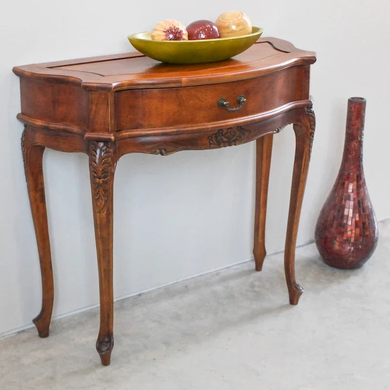 LOVEfabHOME - Hand Carved 1-Drawer Hall Table with Queen Anne Legs – Walnut Finish