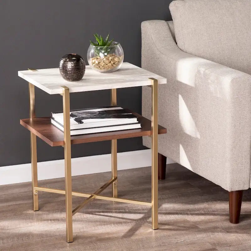 LOVEfabHOME - Square Faux Marble Side Table with Storage Shelf