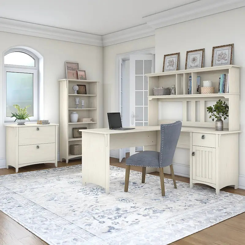 60W L-Shaped Desk Office Suite in Antique White
