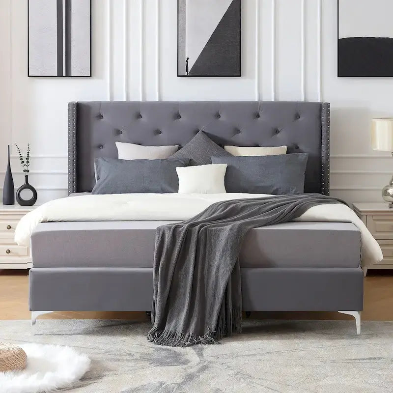 LOVEfabHOME - Queen Size Velvet Upholstered Platform Bed Frame with 6 inches Metal Legs