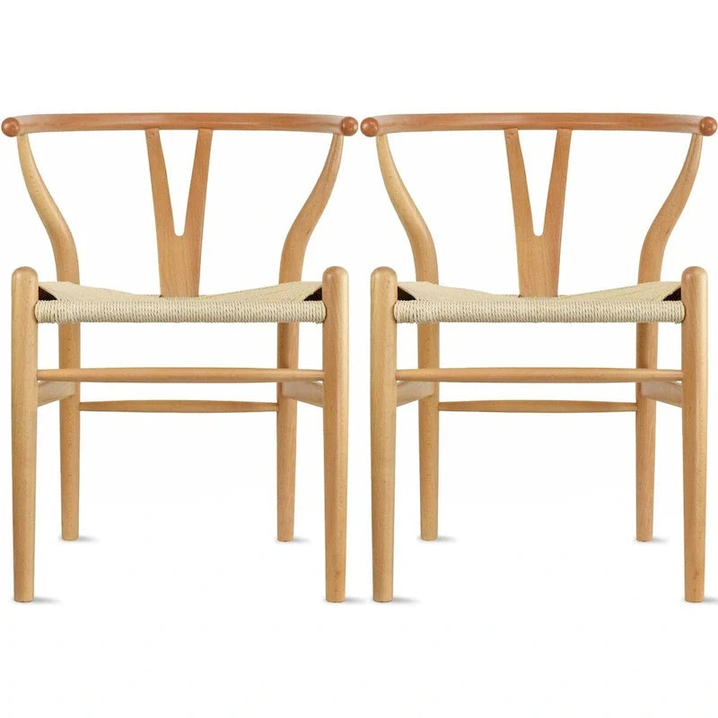 Set of 2 Natural Modern Wood Dining Chair With Back Y Arm Armchair Hemp Seat Home Restaurant Office Desk Work Kitchen
