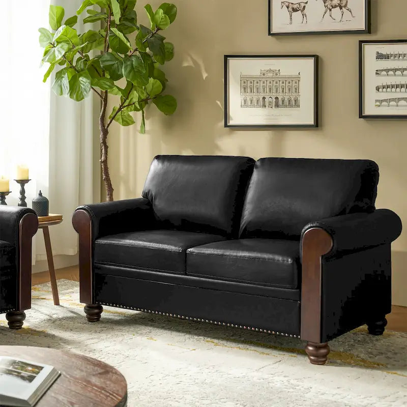 LOVEfabHOME - 59" Transitional Faux Leather Loveseat with Solid Wood Legs and Nailhead Trim