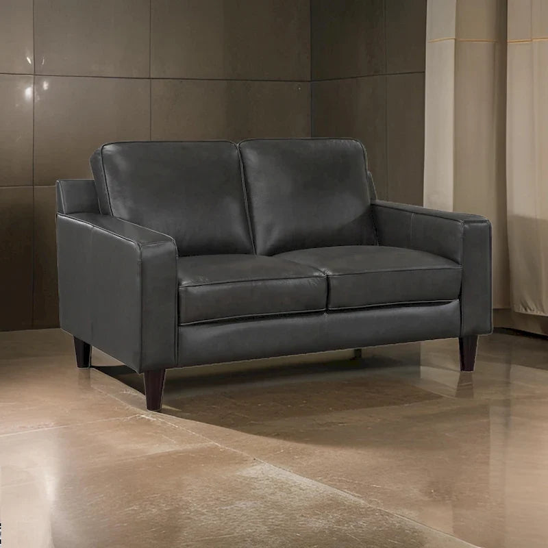 60 Inch Loveseat, Gray Top Grain and Faux Leather, Solid Wood Frame