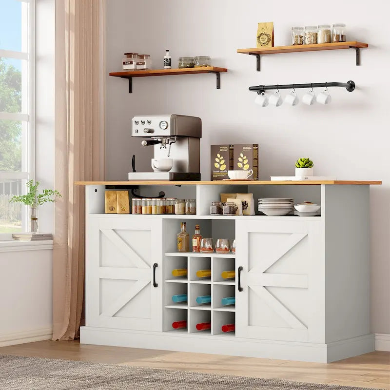 LOVEfabHOME - 52Farmhouse Coffee Bar Cabinet with Floating Shelf - 15.75D x 52W x 34H