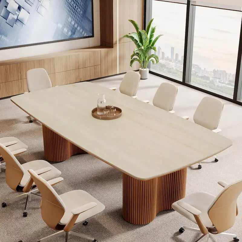 LOVEfabHOME - 6.5 ft Conference Table with Sintered Stone Top & Wave Stripe Solid Wood Base