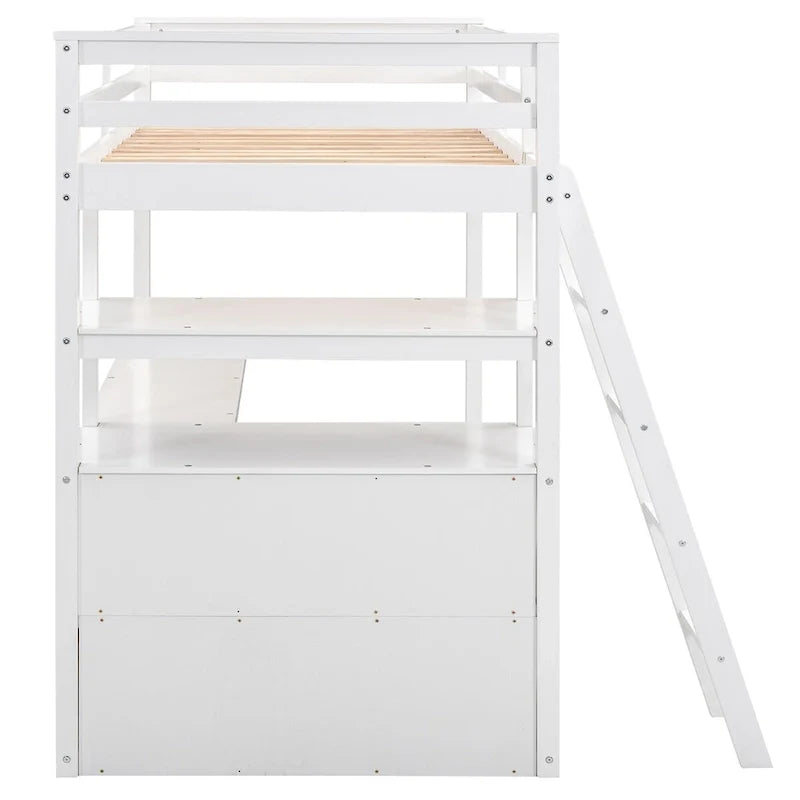 LOVEfabHOME - White Modern Pine Wood Loft Bed with Desk, Shelves, and Two Built-in Drawers