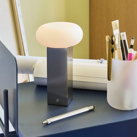 Rechargeable Portable Lamp Low LED / H 20 cm - HÜBSCH | Lamp Shade : White Opal - Base : nickel Brushed - View 2