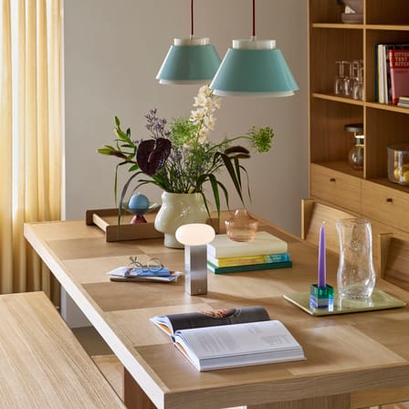 Rechargeable Portable Lamp Low LED / H 20 cm - HÜBSCH | Lamp Shade : White Opal - Base : nickel Brushed - View 1